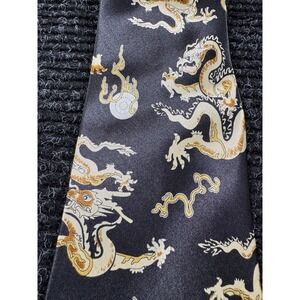 Kai Long Mens Silk Tie Black Gold Chinese Dragon 100% Silk Handmade